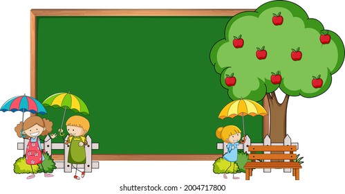 Empty blackboard with many kids doodle cartoon character isolated illustration