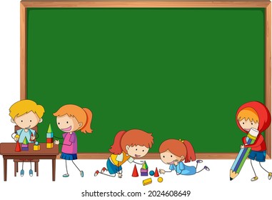 Empty blackboard with many kids doodle cartoon character isolated illustration