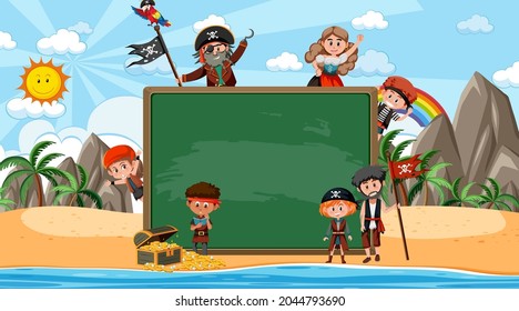 Empty blackboard with many pirate kids cartoon character at the beach illustration