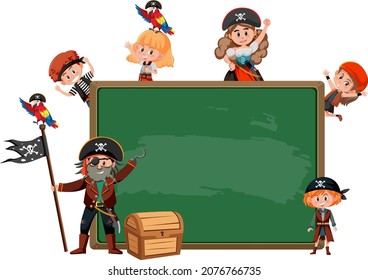 Empty blackboard with many pirate kids cartoon character illustration