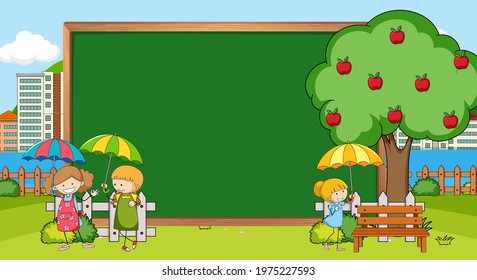 Pizarra vacía en la escena natural con muchos niños garabatear ilustración de caricatura