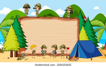 Empty blackboard in nature scene with many kids in scout theme illustration