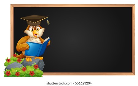 Empty blackboard and owl reading book illustration