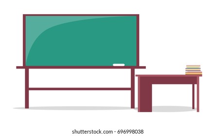 Empty blackboard with piece of chalk and teachers table with pile of books vector illustrations isolated on white background