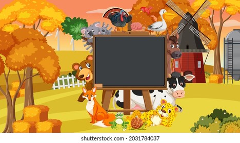 Empty blackboard with various animals in the farm illustration