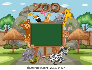 Empty blackboard with various wild animals in the zoo illustration