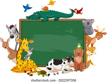 Pizarra vacía con varias ilustraciones de animales salvajes