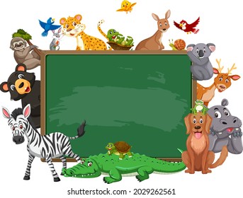 Empty blackboard with various wild animals illustration
