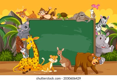 Pizarra vacía con varios animales salvajes en la ilustración del bosque