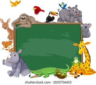 Empty blackboard with various wild animals illustration