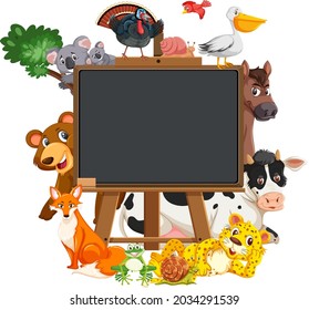 Pizarra vacía con varias ilustraciones de animales salvajes