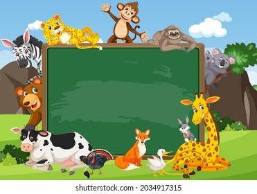 Empty blackboard with various wild animals in the forest illustration