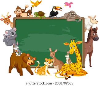 Empty blackboard with various wild animals illustration
