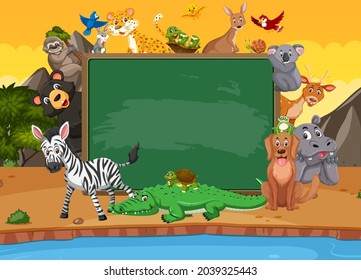Empty blackboard with various wild animals in the forest illustration
