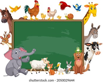 Empty blackboard with various wild animals illustration