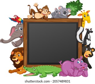 Empty blackboard with various wild animals illustration