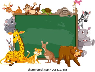 Empty blackboard with various wild animals illustration