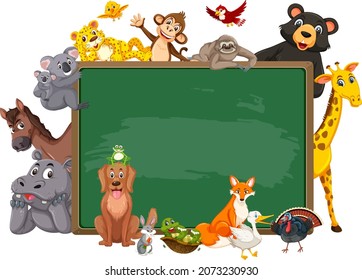 Empty blackboard with various wild animals illustration
