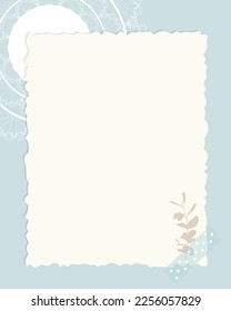 Empty blank collage decoupage vintage in scrapbooking and herbarium style, with lace doily, blue background. Vector illustration