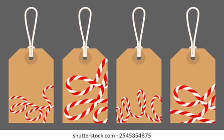 Empty blank festive craft Christmas New Year tag with bow and ribbons for sale. Kraft paper background, textbox tied up with cotton red rope bakers twine. Packing string for present. Vector EPS10