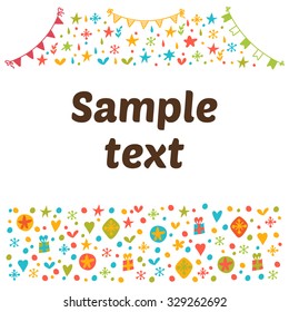 Empty blank with funny colored design elements. Cute vector background for greeting card or invitation template. Vector illustration