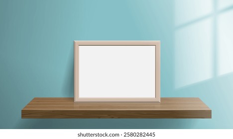empty blank horizontal picture frame on wooden shelf window light  effect  mock up vector illustration