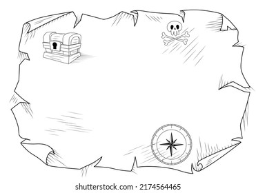 Empty blank, lined, worn paper sheet for message in a bottle or treasure map for kids. Treasure map with compass, chest, and skull. Vector illustration