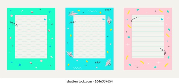 Empty blank page with decorative frame 80s–90s pattern.Geometric elements.Bright palette: Blue, pink, mint. Collection prints for notebooks, stationary, letters, message. Memphis design style. Vector