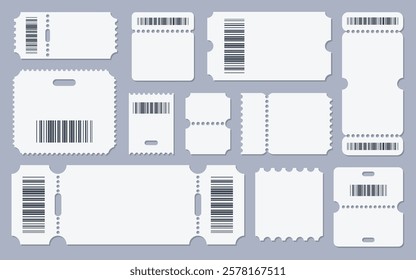 Empty blank paper tickets, tear-off entrance coupons or admission card with barcodes isolated set. Travelling ducket, circus, cinema or theatre performance access claim check vector illustration