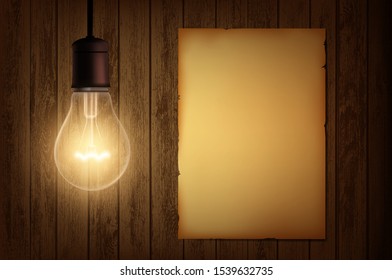 Empty blank parchment or old sheet of paper on a wooden surface is lit by a light bulb. Vector illustration.