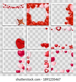 Empty Blank Photo Frame 3d set with Hearts Template for Media Post  in Social Network for Valentine`s Day. Vector Illustration