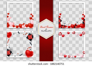 Empty Blank Photo Frame Set with Hearts Template for Media Post  in Social Network. Vector Illustration