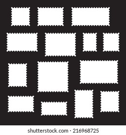 Empty blank postage stamps different size, icons set, white isolated on black background, vector illustration.
