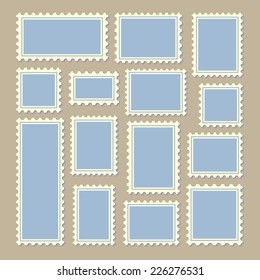 empty blank postage stamps different size in blue and white color isolated on beige background with shadows. vector illustration 