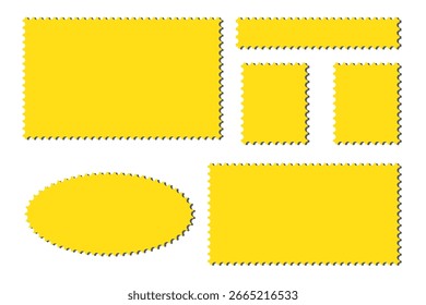 Leere leere Briefmarken verschiedener Größe in weiß, bunt, einzeln auf beigem Hintergrund.  Poststempel aus Sammlungspapier einzeln auf Hintergrund. Flaches Design. Vektorgrafik. Variety Design. EPS 10