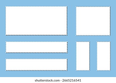 Leere leere Briefmarken verschiedener Größe in weiß, bunt, einzeln auf beigem Hintergrund.  Poststempel aus Sammlungspapier einzeln auf Hintergrund. Flaches Design. Vektorgrafik. Variety Design. EPS 10