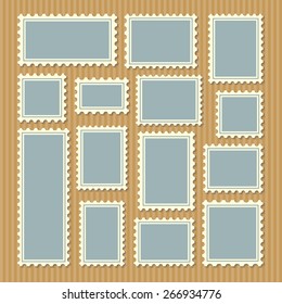 empty blank postage stamps different size in blue and white color isolated on beige striped background with shadows. vector illustration 
