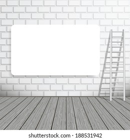 Empty blank poster on a brick wall with a ladder. Vector illustration. Place for your text