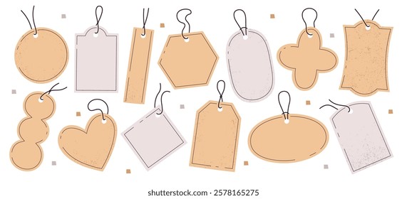 Empty blank price tags, hanging cardboard paper sale labels, product or gift package retail emblems isolated set. Discount badges of different shapes and forms with copy space vector illustration