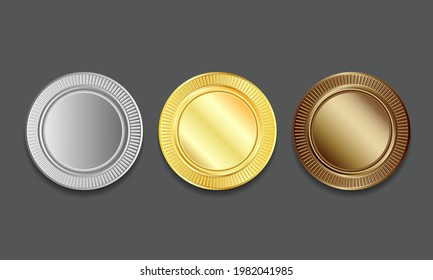 Empty Blank Set vector templates for winner awards medals, coin, price tags, sports, sewing buttons, buttons, icons or medals with gold silver and bronze shiny metal texture and embossed rim around.