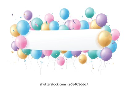 empty blank sign with pink, blue, and green pastel balloons, celebrations confetti