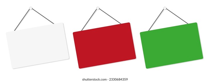 Empty blank sign for store, restaurant or cafe, white, red and green shop door signs hanging. 3D realistic vector illustration isolated on white.