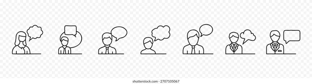 Empty, blank speech bubble with businessman and woman line icon set – editable outline symbols of chat, message, talk, conversation and feedback