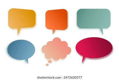 Empty blank speech bubbles on retro style. Talk bubble box with halftone effect. Communication, dialog, feedback vector symbols. 