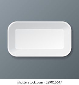 Empty Blank Styrofoam Plastic Food Tray Container. Illustration Isolated On Gray Background. Mock Up Template Ready For Your Design. Vector EPS10