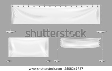 Empty blank textile banners with standing poles. Vector isolated set of realistic signboards for advertising. White canvas hanging on chrome stand. Horizontal pennants for brand identity