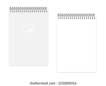 Empty blank top spiral notebook, realistic vector mock up. Wire bound A5 notepad: clear white page and cover, template