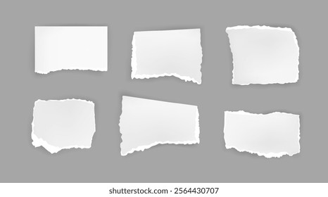 Empty blank torn pages with uneven ends and edges. Vector sheet of ripped pieces, squares and rectangles for banners and copy space. Geometric sticky notes, notebook or document fragments