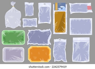 Empty blank vacuum plastic package isolated vector set. Product container, clear bag and polymer package, transparent pouch for save food storage in supermarket