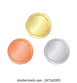 Empty Blank vector templates for coin, price tags, sewing buttons, buttons, icons or medals with gold, silver, bronze shiny metal texture